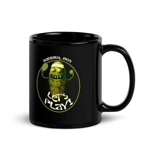 Fun Pickleball Mug, Picklezilla Says Let's Play, Black 11 oz