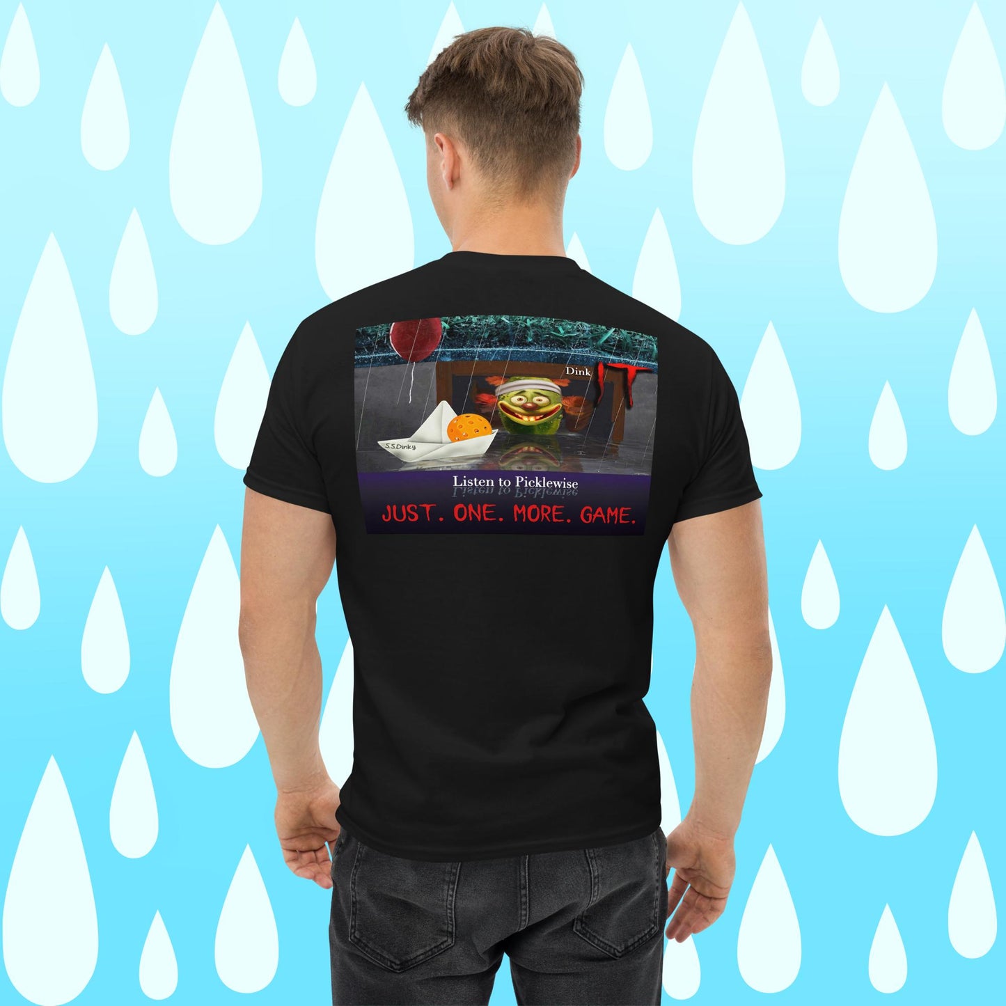Black Short-sleeve Men's Pickleball Shirt, Listen to Picklewise, Graphic on Back