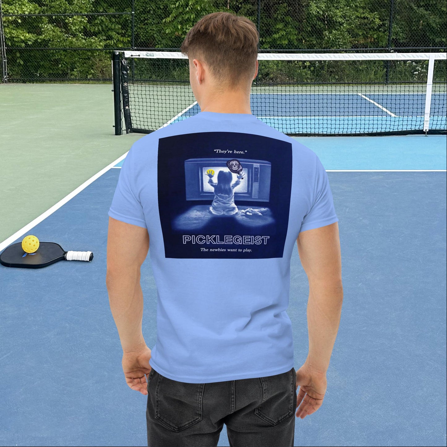 Carolina Blue Short-sleeve Men's Pickleball Shirt, Picklegeist graphic on back