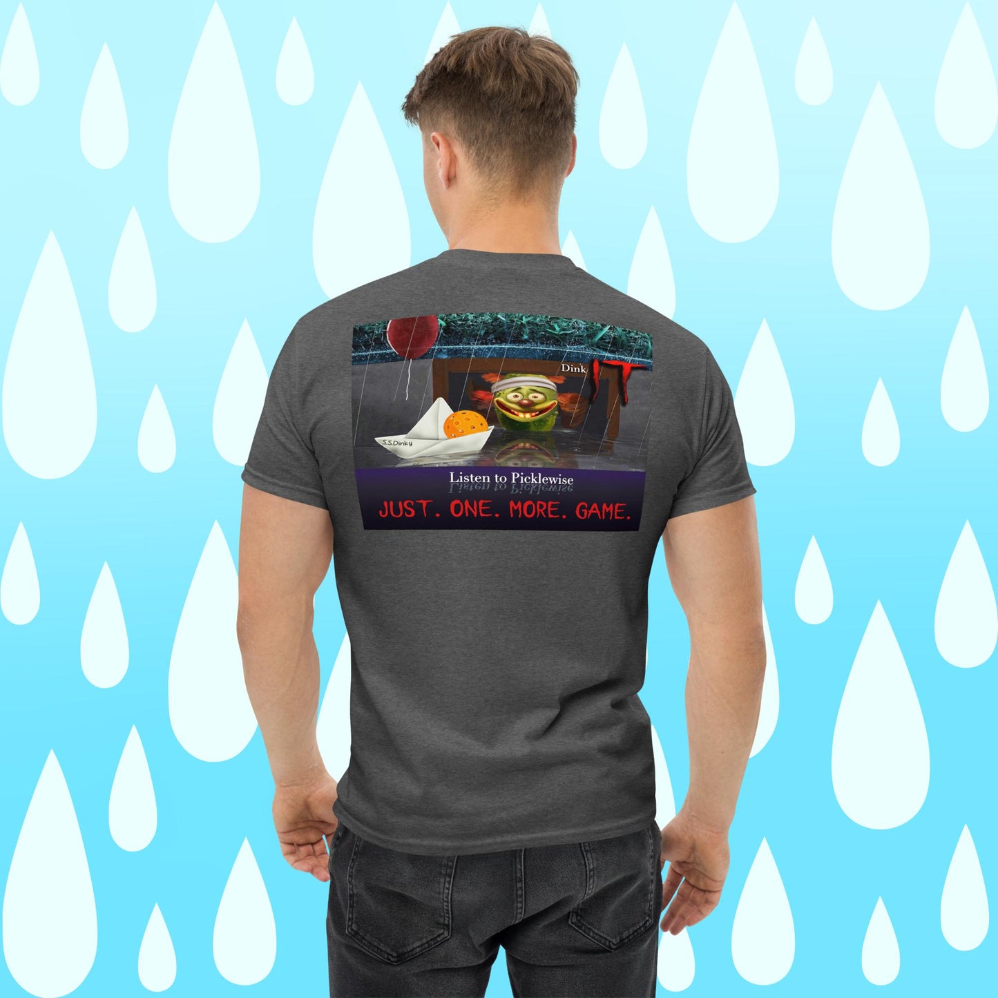 Dark Heather Grey Short-sleeve Men's Pickleball Shirt, Listen to Picklewise, Graphic on Back