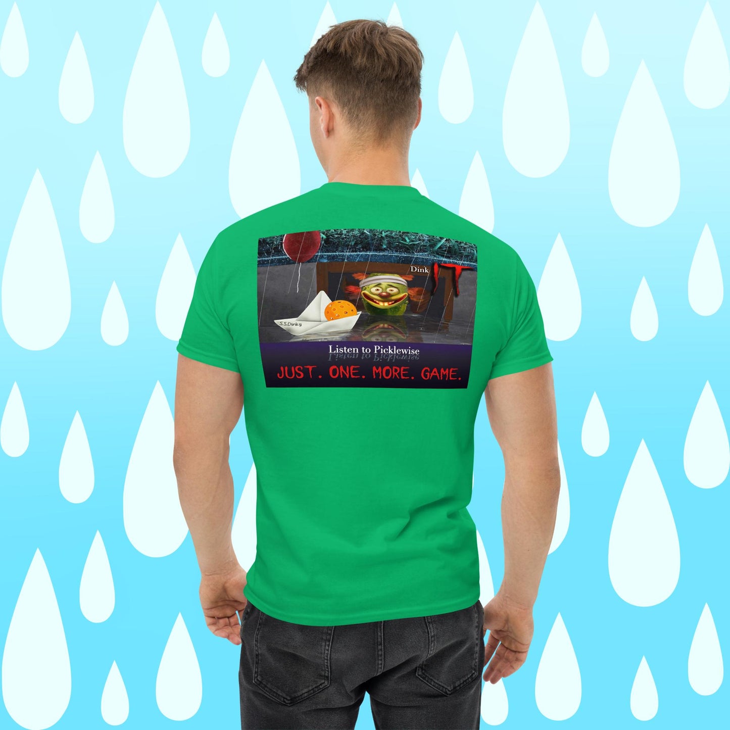 Irish Green Short-sleeve Men's Pickleball Shirt, Listen to Picklewise, Graphic on Back