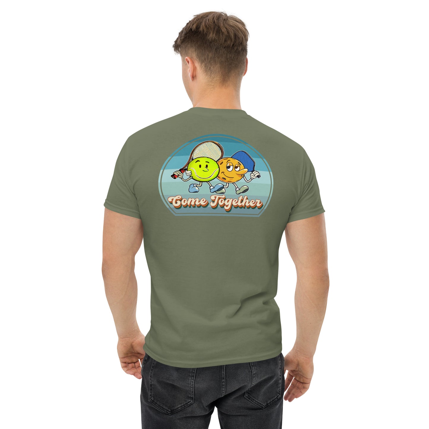 Military Green Pickleball and Tennis T-shirt, Come Together, Graphic on Back, Men's Classic Cotton Tee