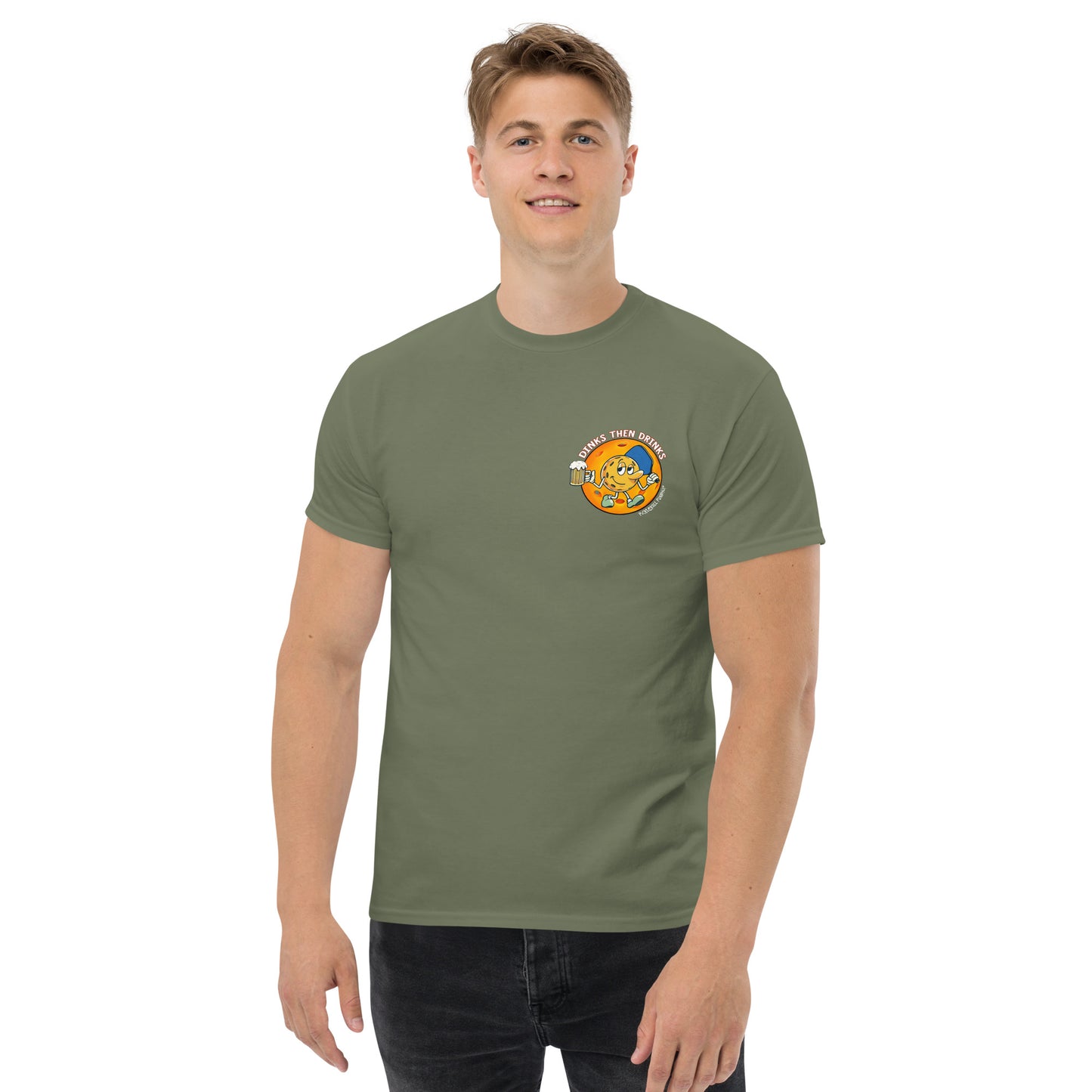 Military Green Pickleball T-Shirt, Dinks Then Drinks, Left Chest, Mens Classic Tee