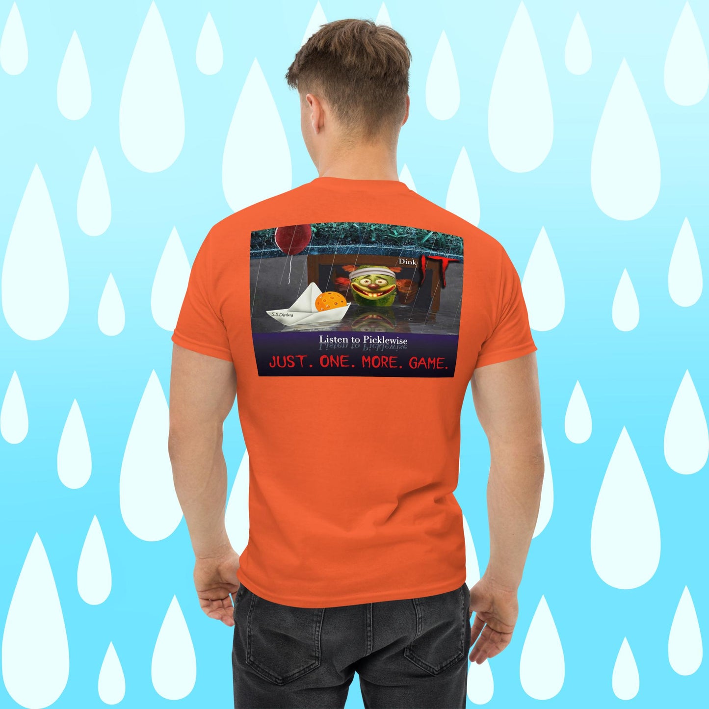 Orange Short-sleeve Men's Pickleball Shirt, Listen to Picklewise, Graphic on Back