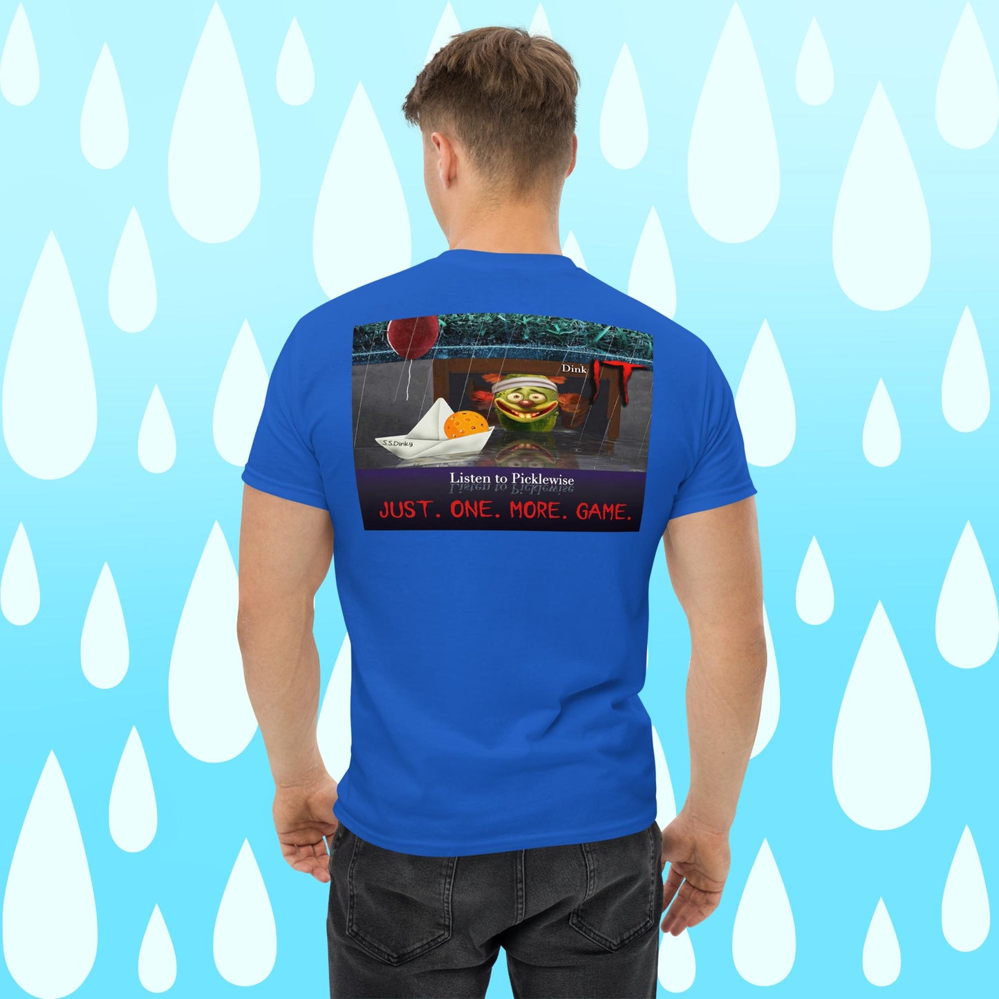 Royal Blue Short-sleeve Men's Pickleball Shirt, Listen to Picklewise, Graphic on Back