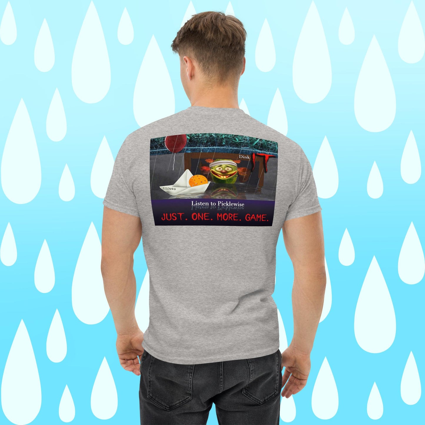 Sport Grey Short-sleeve Men's Pickleball Shirt, Listen to Picklewise, Graphic on Back