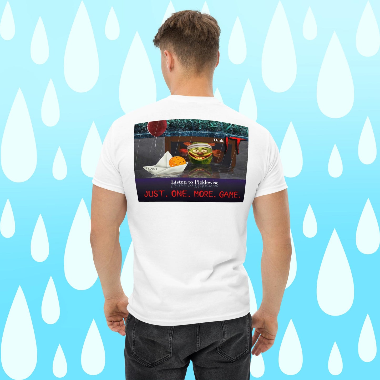 White Short-sleeve Men's Pickleball Shirt, Listen to Picklewise, Graphic on Back