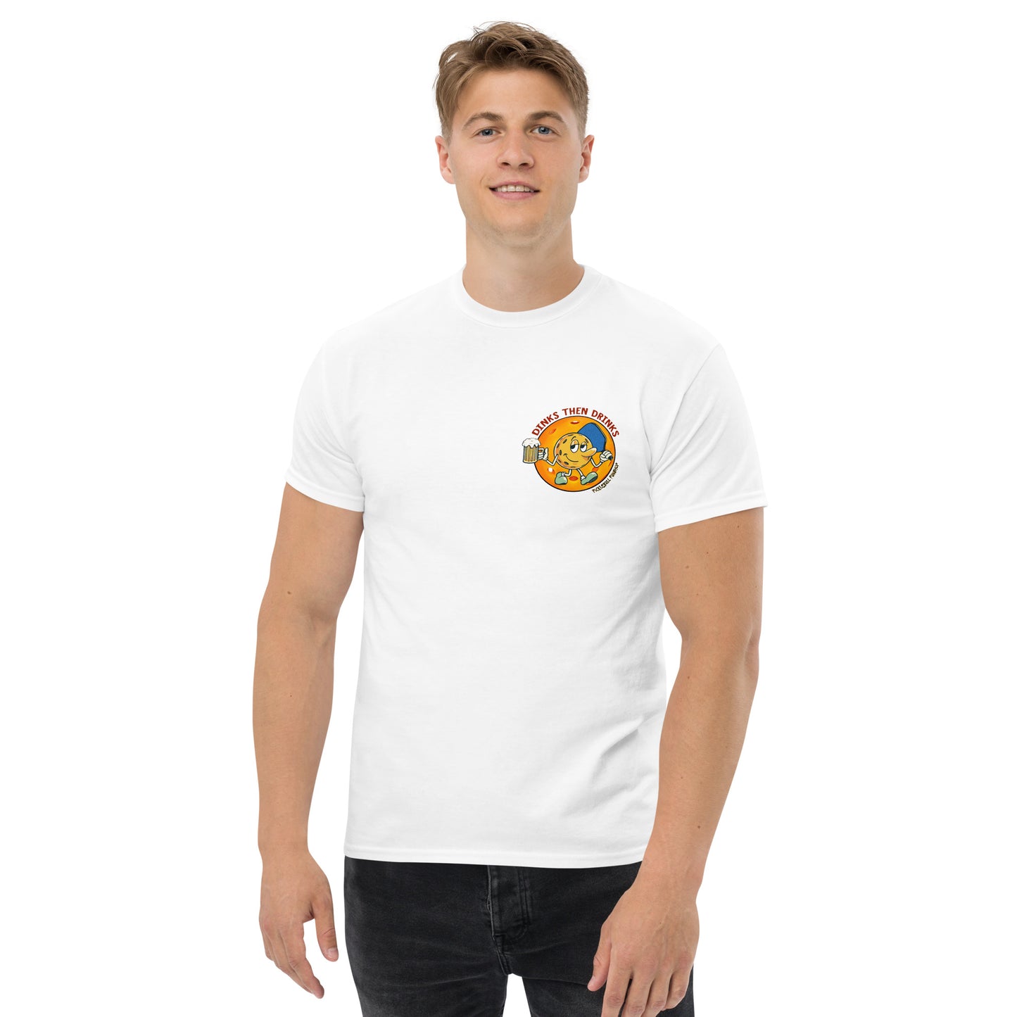 White Pickleball T-Shirt, Dinks Then Drinks, Left Chest, Mens Classic Tee