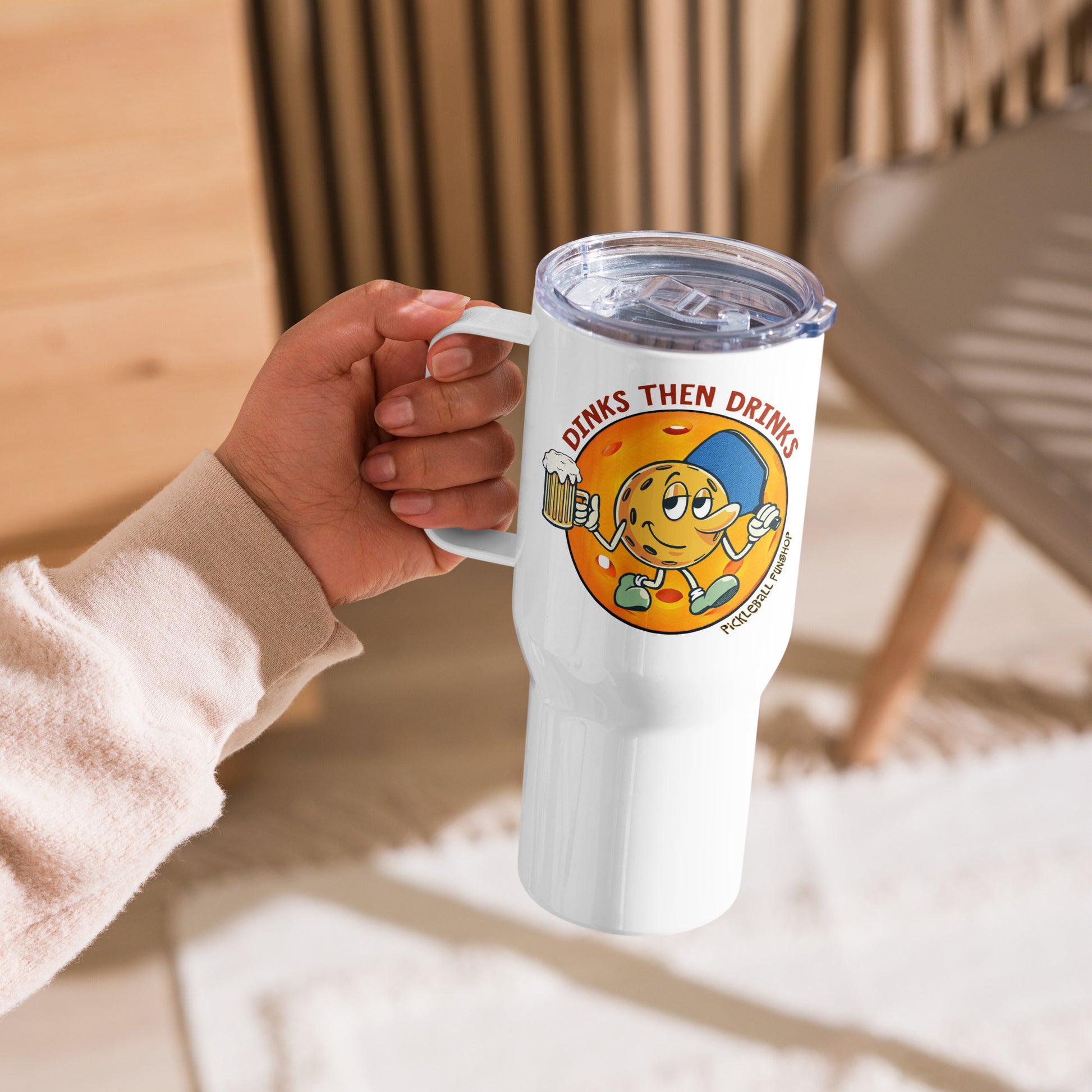 Dinks then Drinks Stainless Steel Pickleball Travel Mug with Handle
