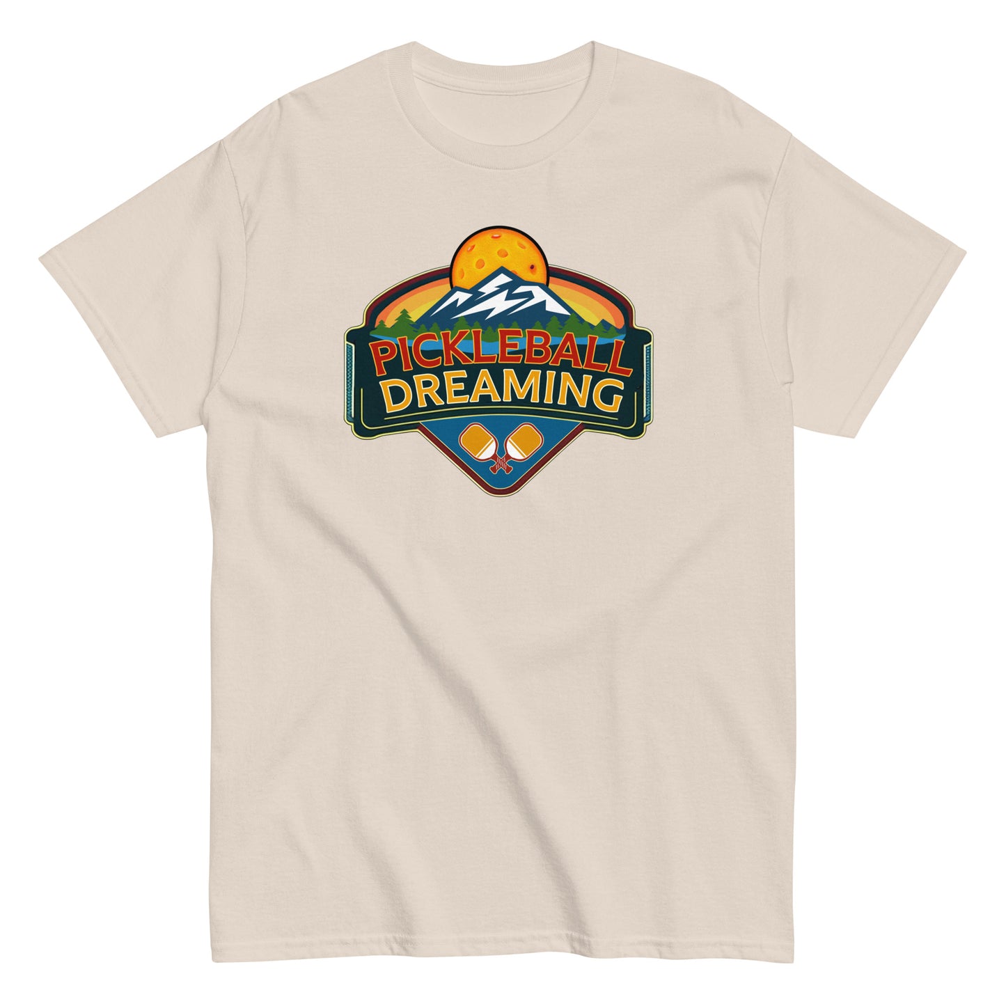 Fun Pickleball Shirt, Pickleball Dreaming Mountains, Front Center Graphic