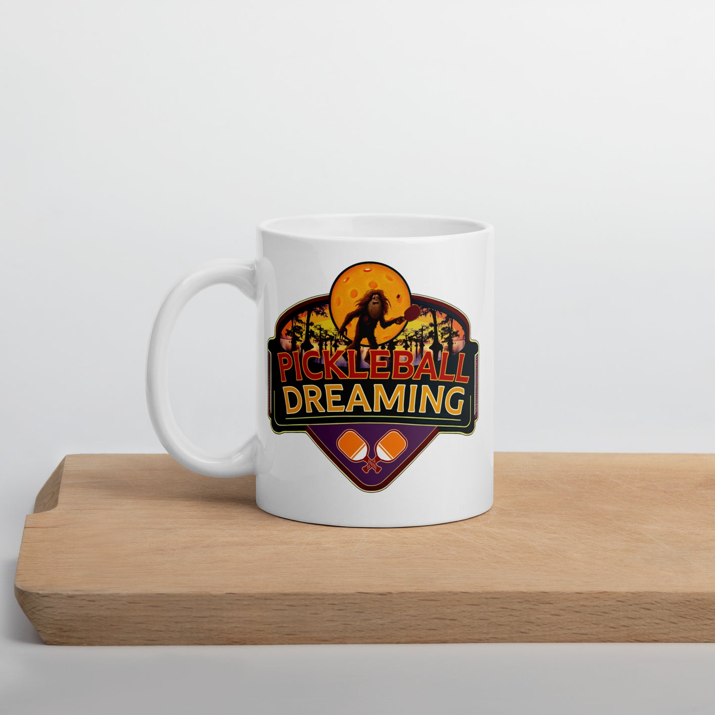 Fun Pickleball Mug, Pickleball Dreaming Sasquatch, White, 11 oz or 15 oz