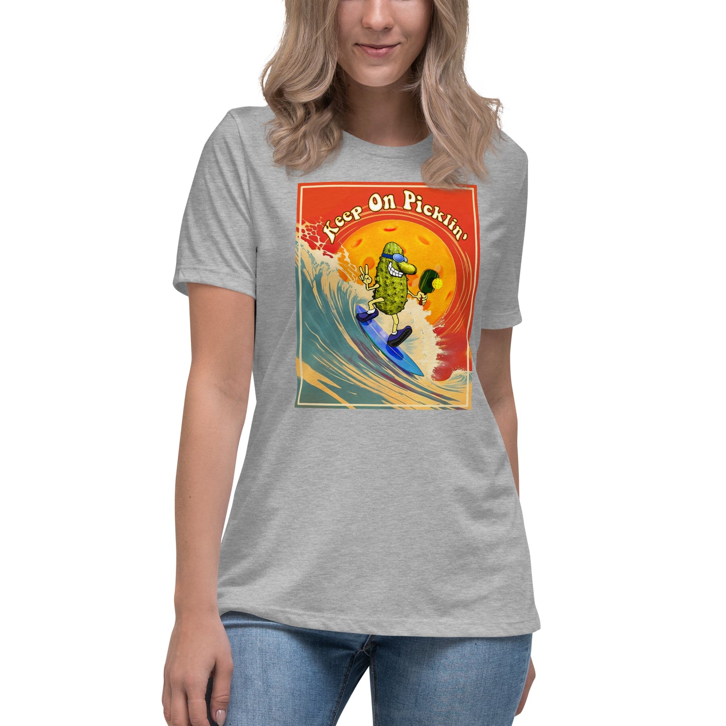 Women's Pickleball T-shirt, Keep On Picklin' Surfer, Front Center Graphic, Short-sleeve