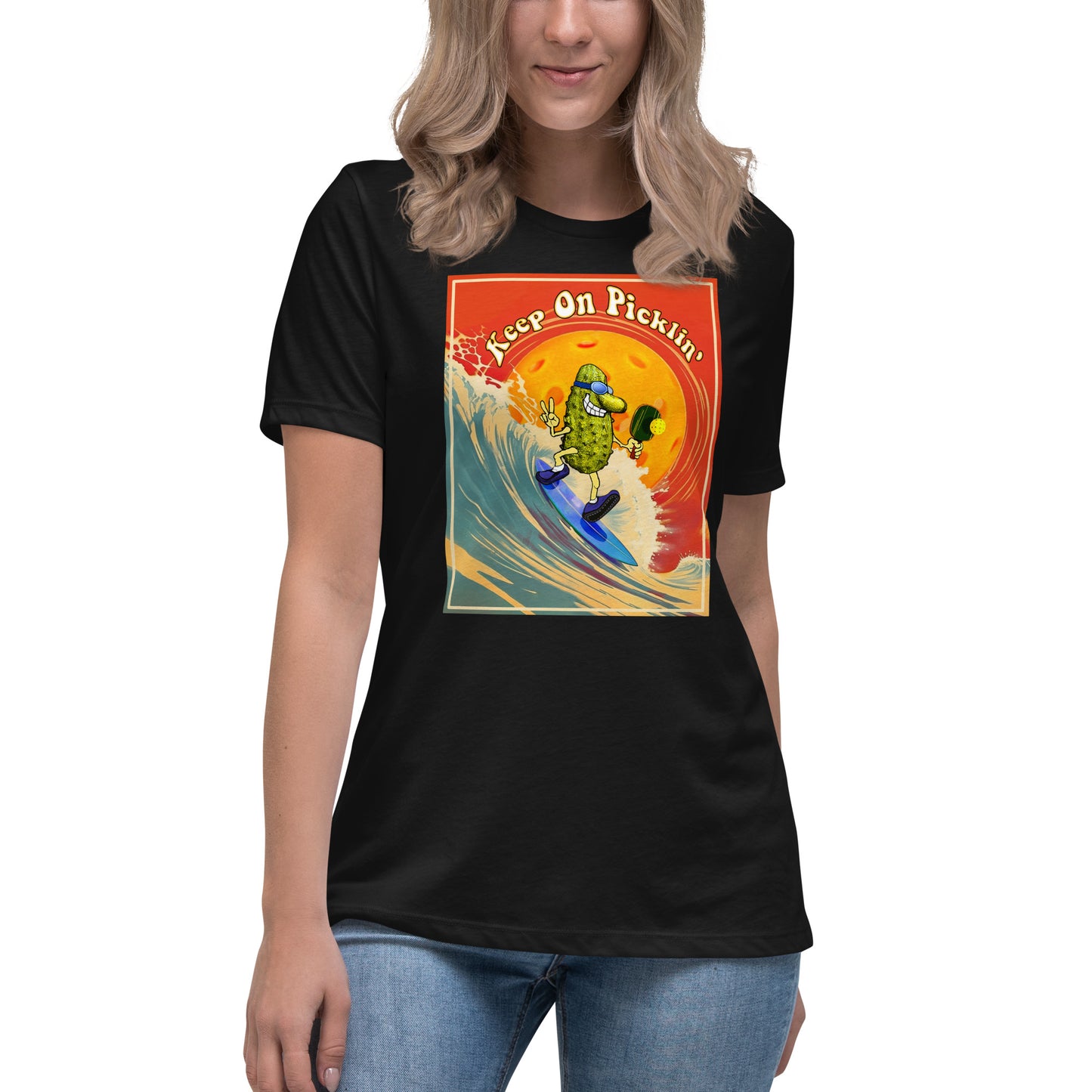 Women's Pickleball T-shirt, Keep On Picklin' Surfer, Front Center Graphic, Short-sleeve