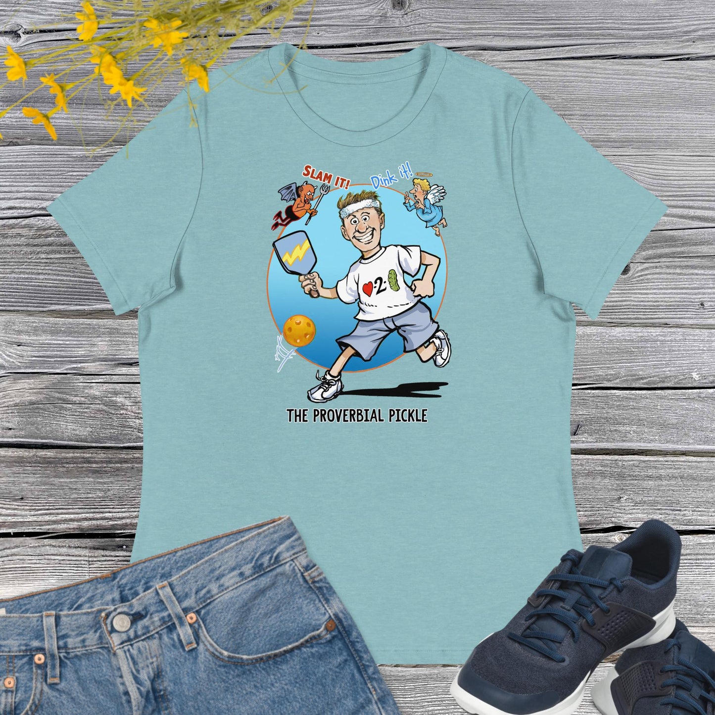 Heather Light Teal Pickleball T-shirt, Proverbial Pickle Slam It or Dink It, Women's Relaxed Cotton Tee