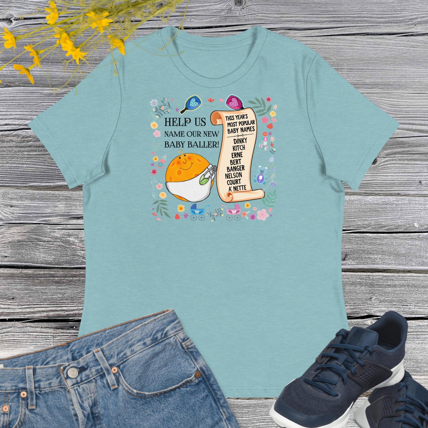 Heather Aqua Pickleball T-shirt, Help Us Name Our New Baby Baller, Graphic on Front, Women's Relaxed Cotton Tee