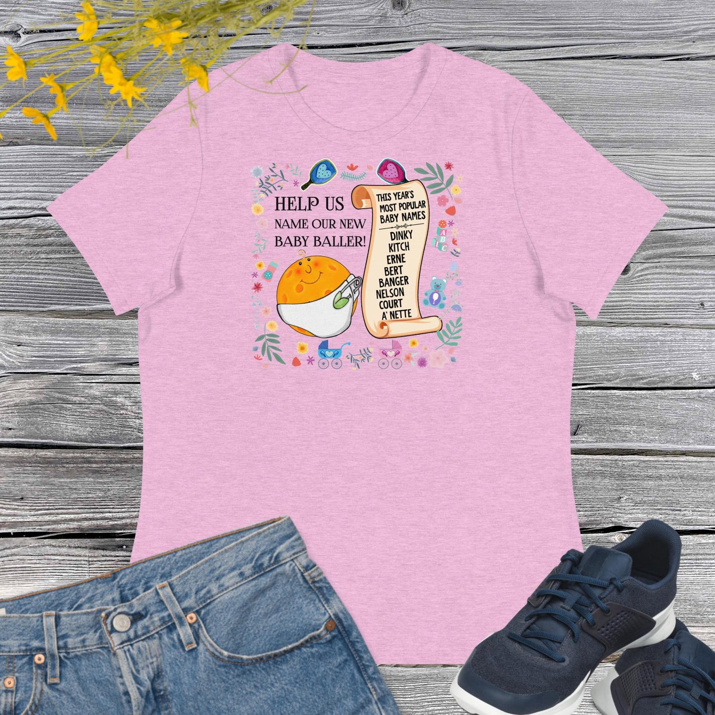 Heather Pink Pickleball T-shirt, Help Us Name Our New Baby Baller, Graphic on Front, Women's Relaxed Cotton Tee