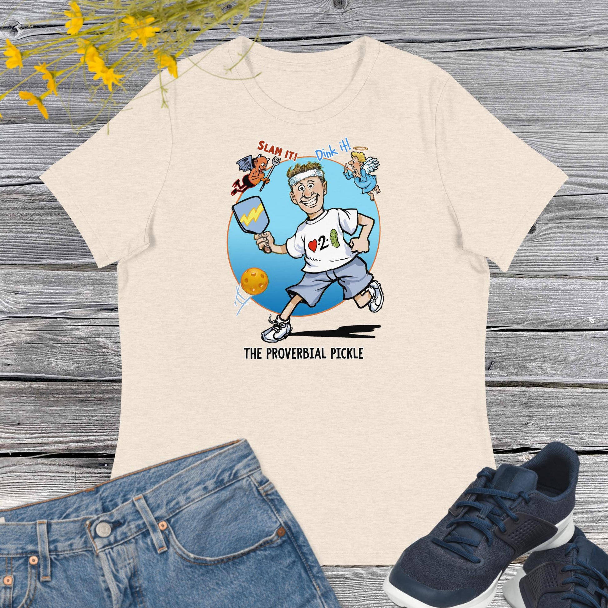 Heather Beige Pickleball T-shirt, Proverbial Pickle Slam It or Dink It, Women's Relaxed Cotton Tee