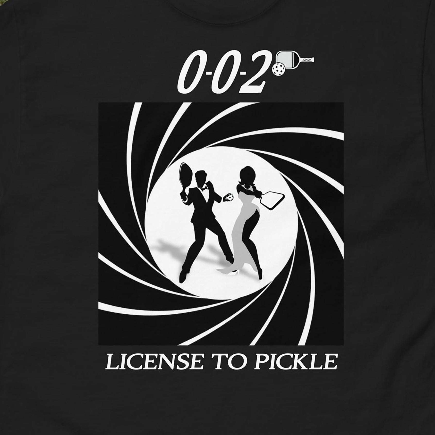 Closeup view of 002 License to Pickle graphic on front of Men's black tshirt