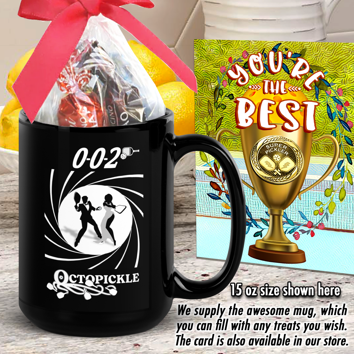 Black Pickleball Mug Octopickle James Bond theme 15 oz