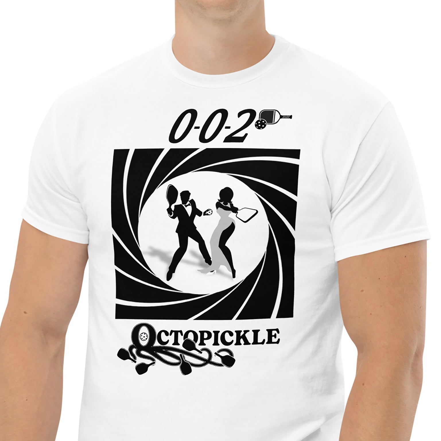 Closeup view of 002 Octopickle graphic on front of Men's white T-shirt