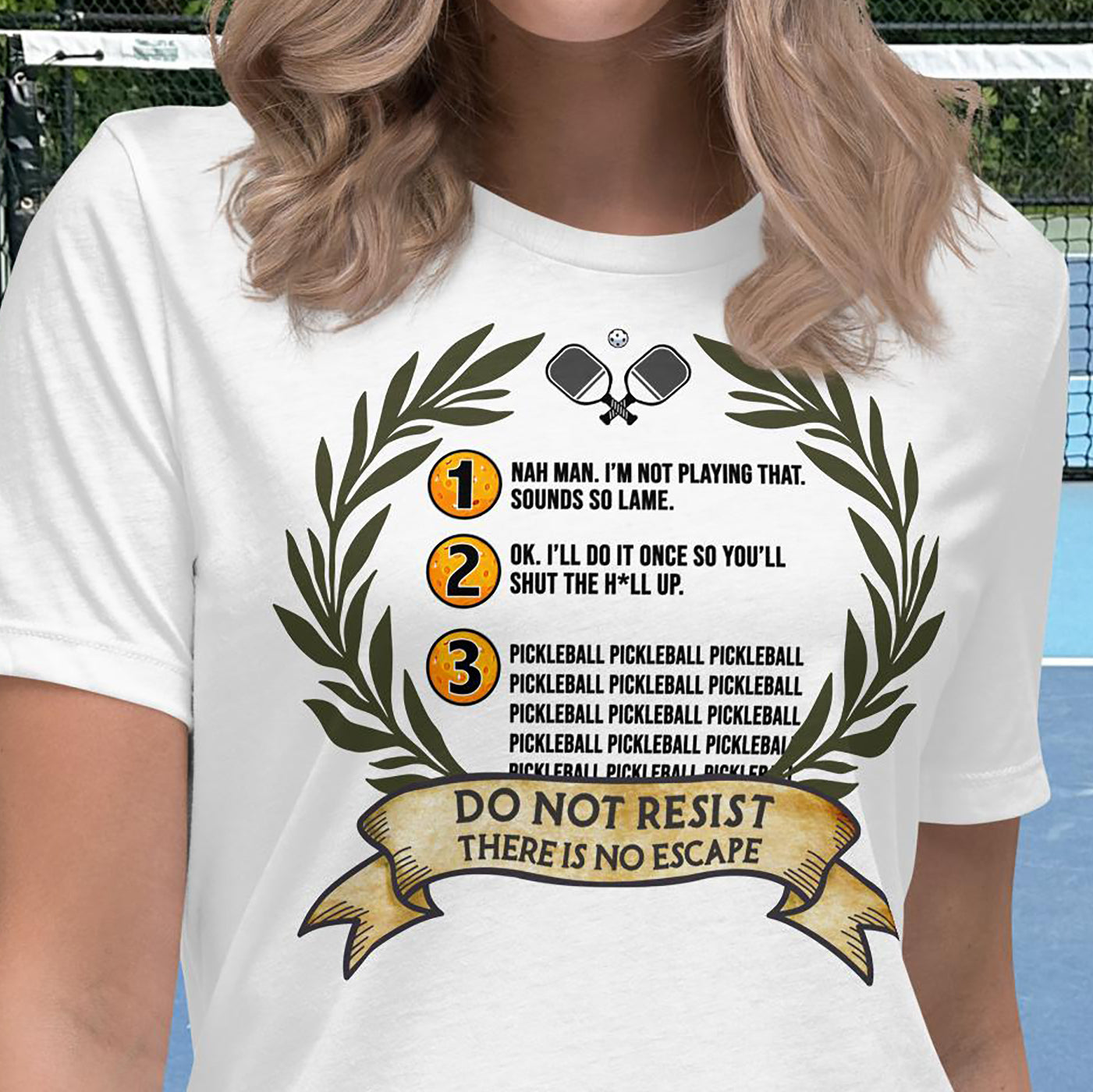 Closeup view of 3 Stages of Pickleball graphic on front of Women's Shirt, White