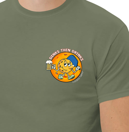 Close up, Military Green Pickleball T-Shirt, Dinks Then Drinks, Left Chest, Mens Classic Tee