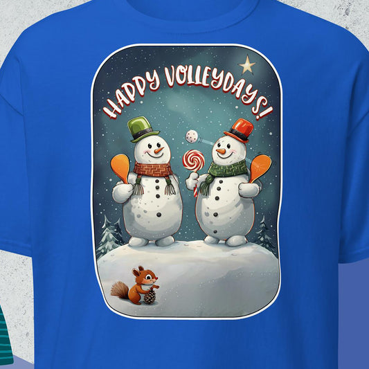 Closeup of Happy Volleydays graphic on front of Royal Blue Pickleball Shirt