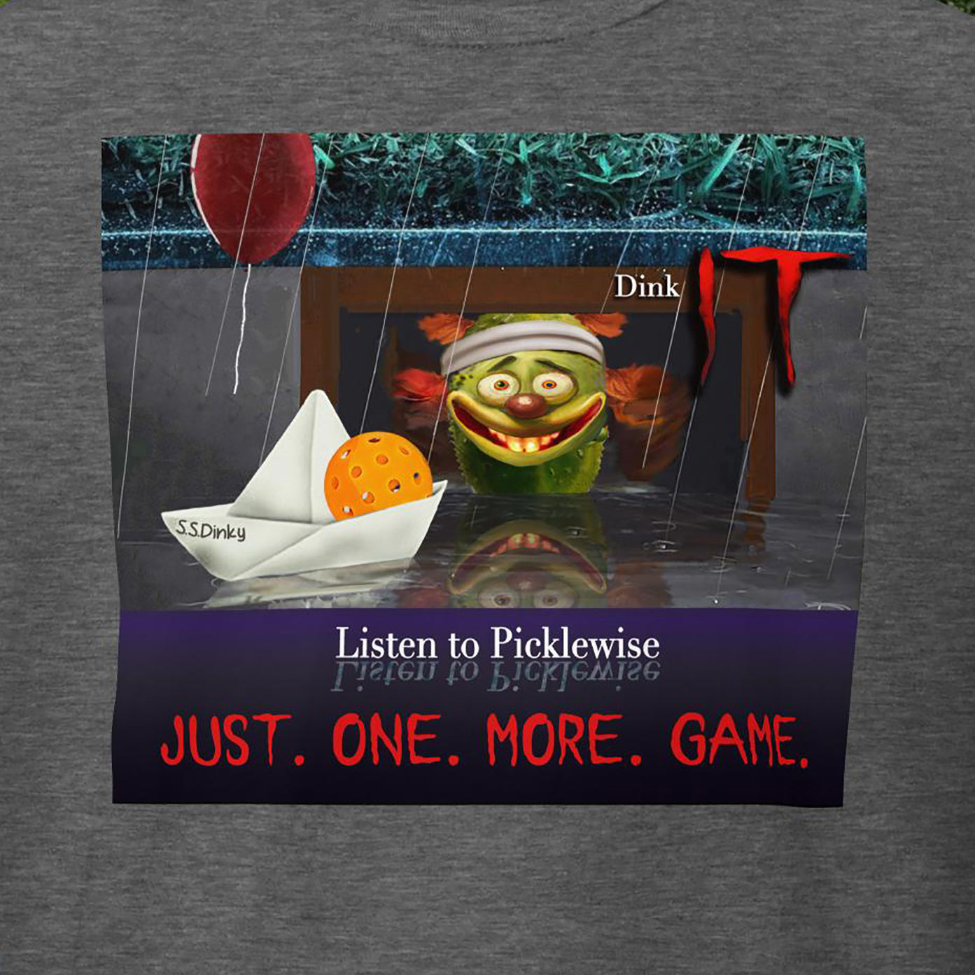 Closeup view of Dark Heather Grey Men's Pickleball Shirt with Listen to Picklewise graphic on front