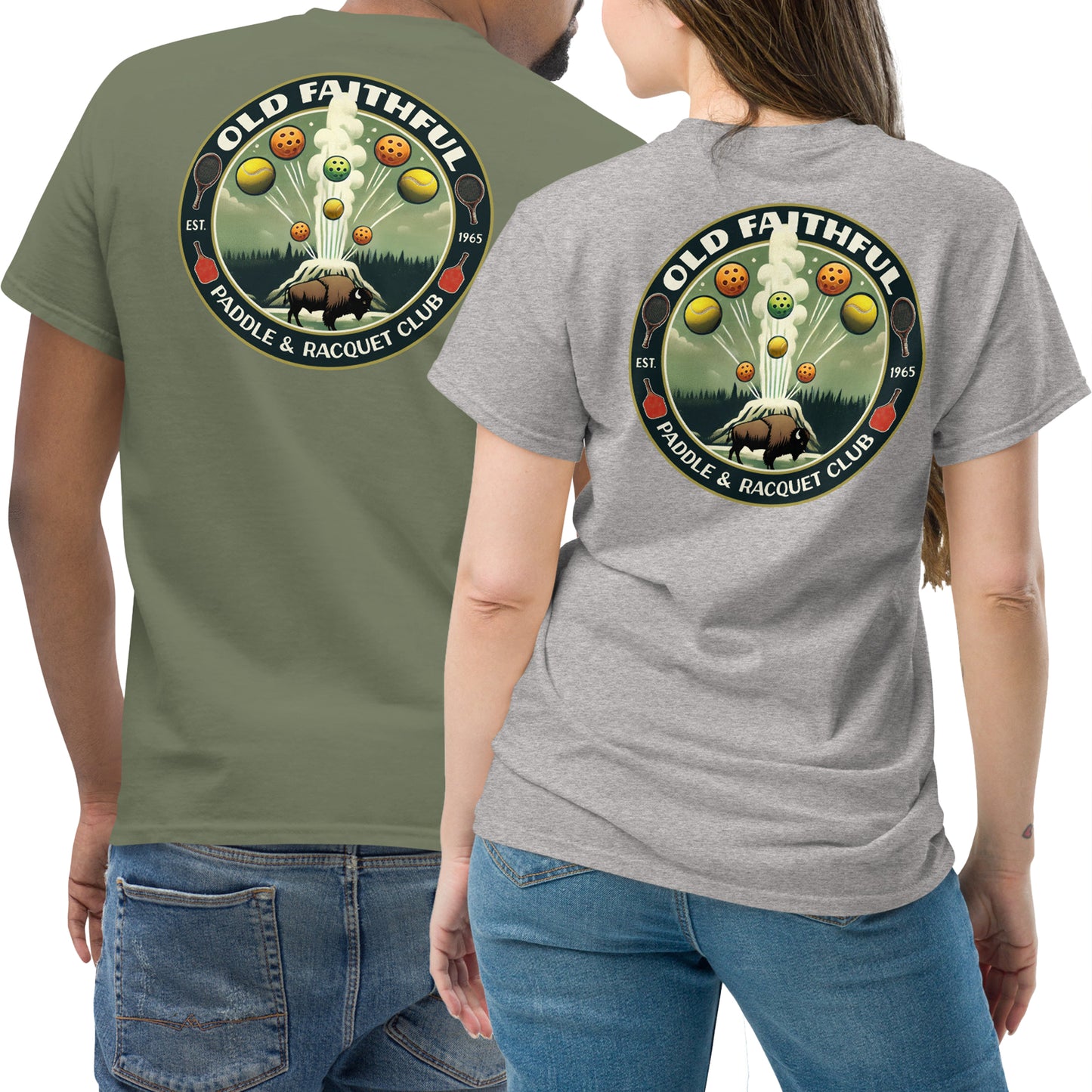 Fun Yellowstone Pickleball Shirt, Old Faithful Paddle & Racquet Club, Graphic on Back, Short-sleeve