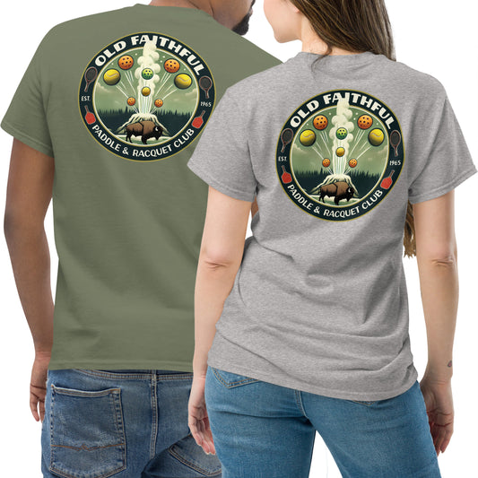 Fun Yellowstone Pickleball Shirt, Old Faithful Paddle & Racquet Club, Graphic on Back, Short-sleeve