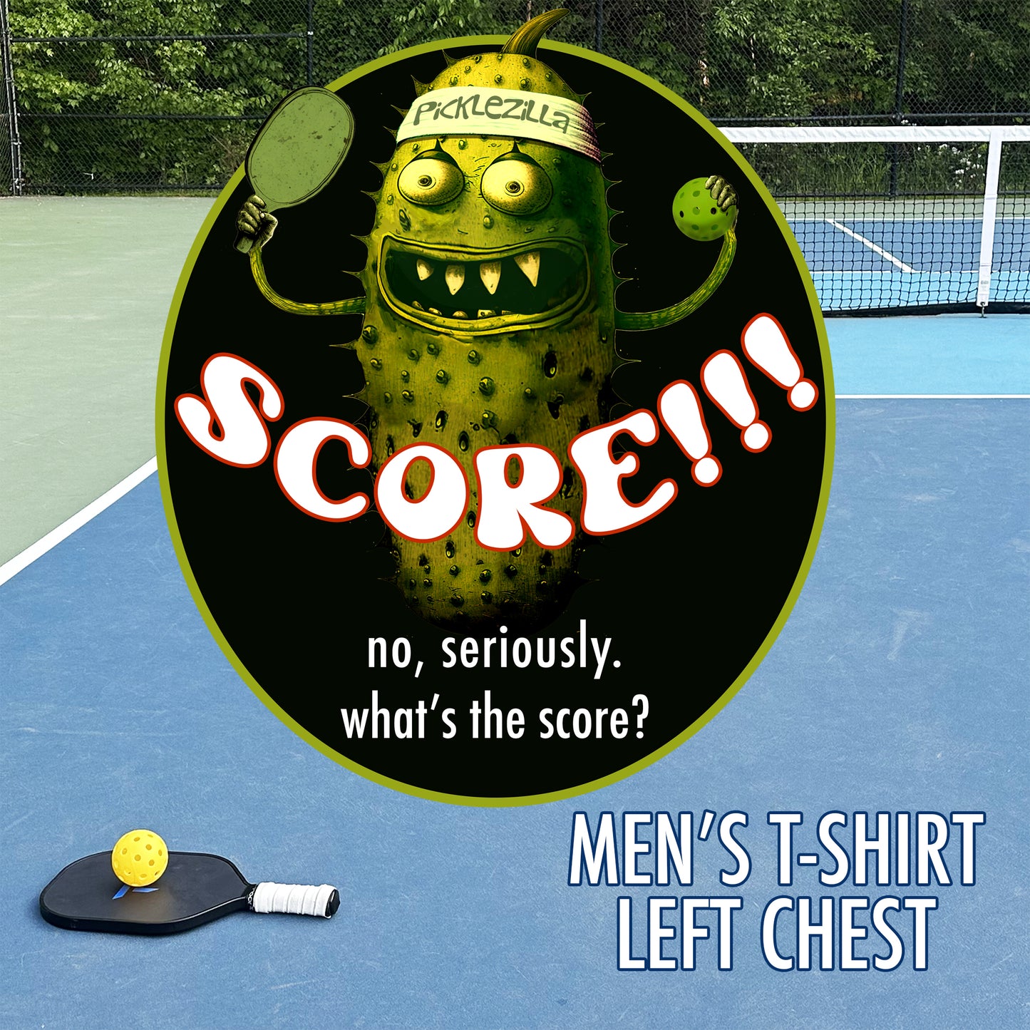 Pickleball T-shirt, Close-up of Picklezilla Score design, Graphic on left chest, Men's Classic Tee