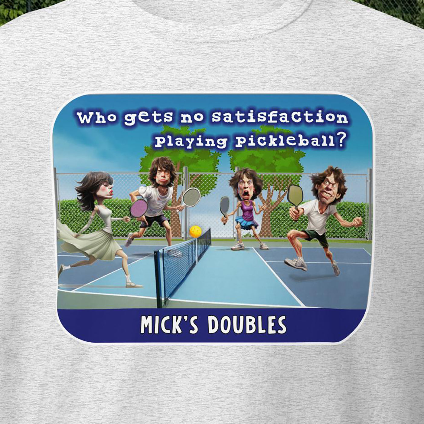 Closeup view of Mick's Doubles graphic on front of Grey Men's pickleball t-shirt