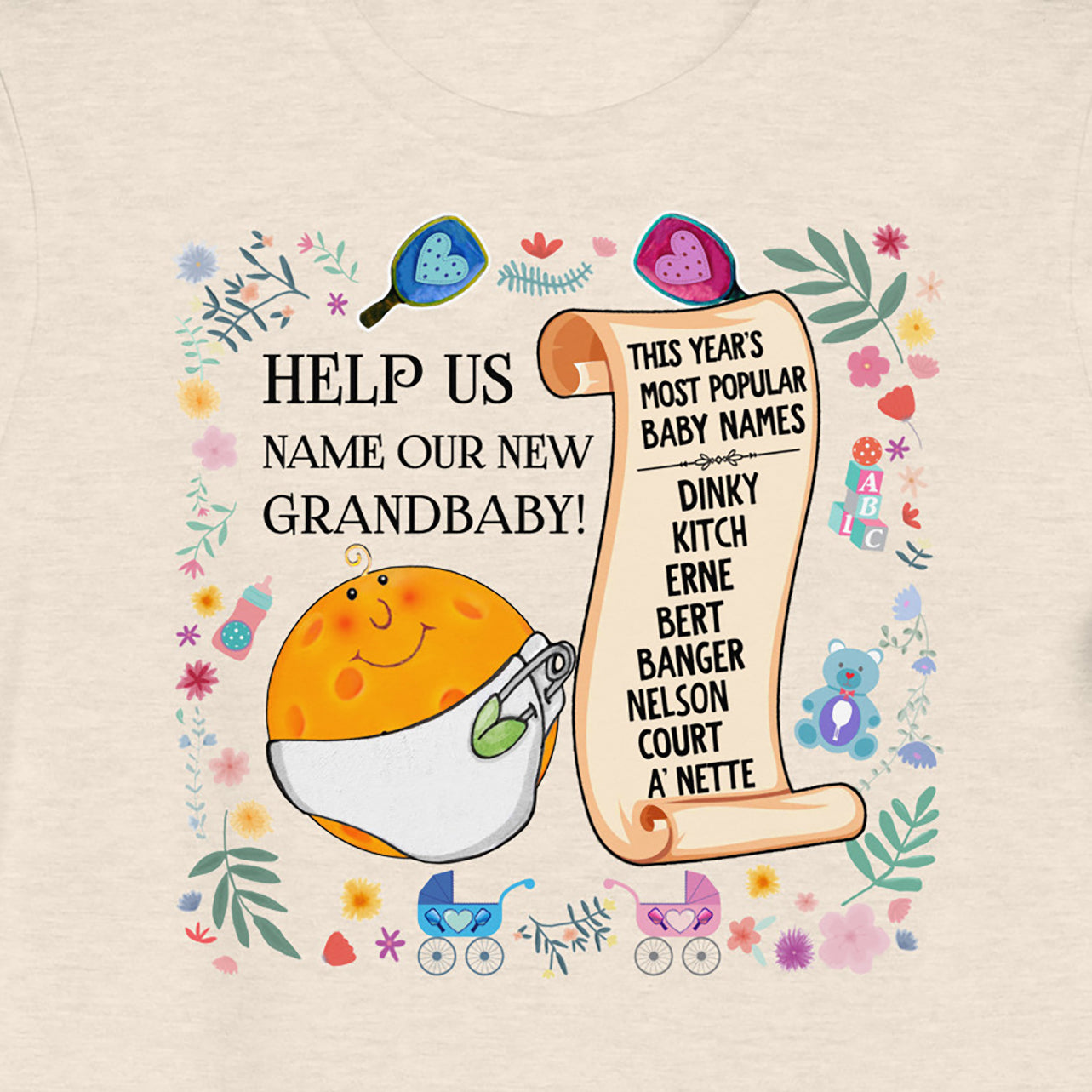 Closeup view of New Grandbaby graphic on front of Heather Beige Women's pickleball tshirt