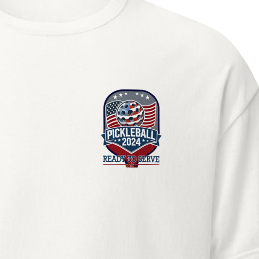 Patriotic Pickleball Shirt, Pickleball 2024, Ready to Serve, Front Left Chest