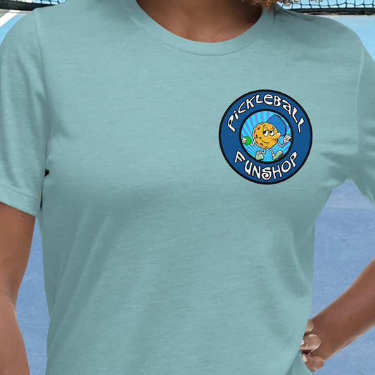 Closeup view of Pickleball FunShop Logo on Left Chest of Women's Pickleball Shirt, Heather Blue Lagoon