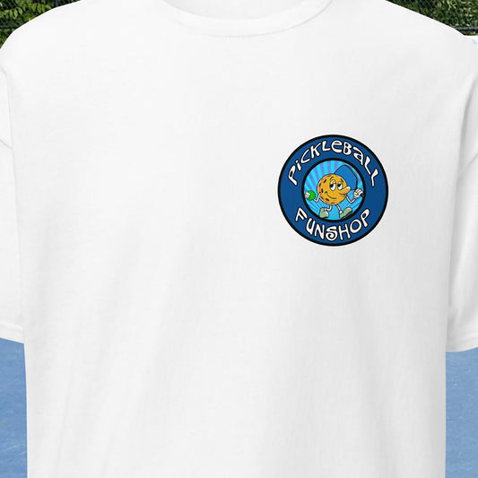 Closeup view of Pickleball FunShop Logo graphic on left chest of White short-sleeve men's shirt