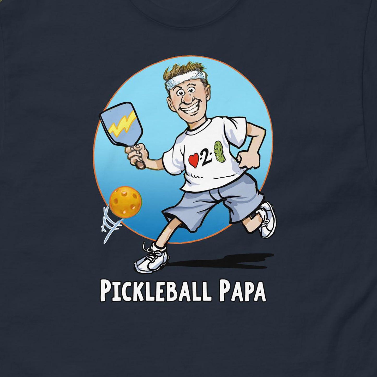 Closeup view of Pickleball Papa graphic on front of Navy Blue Men's t-shirt