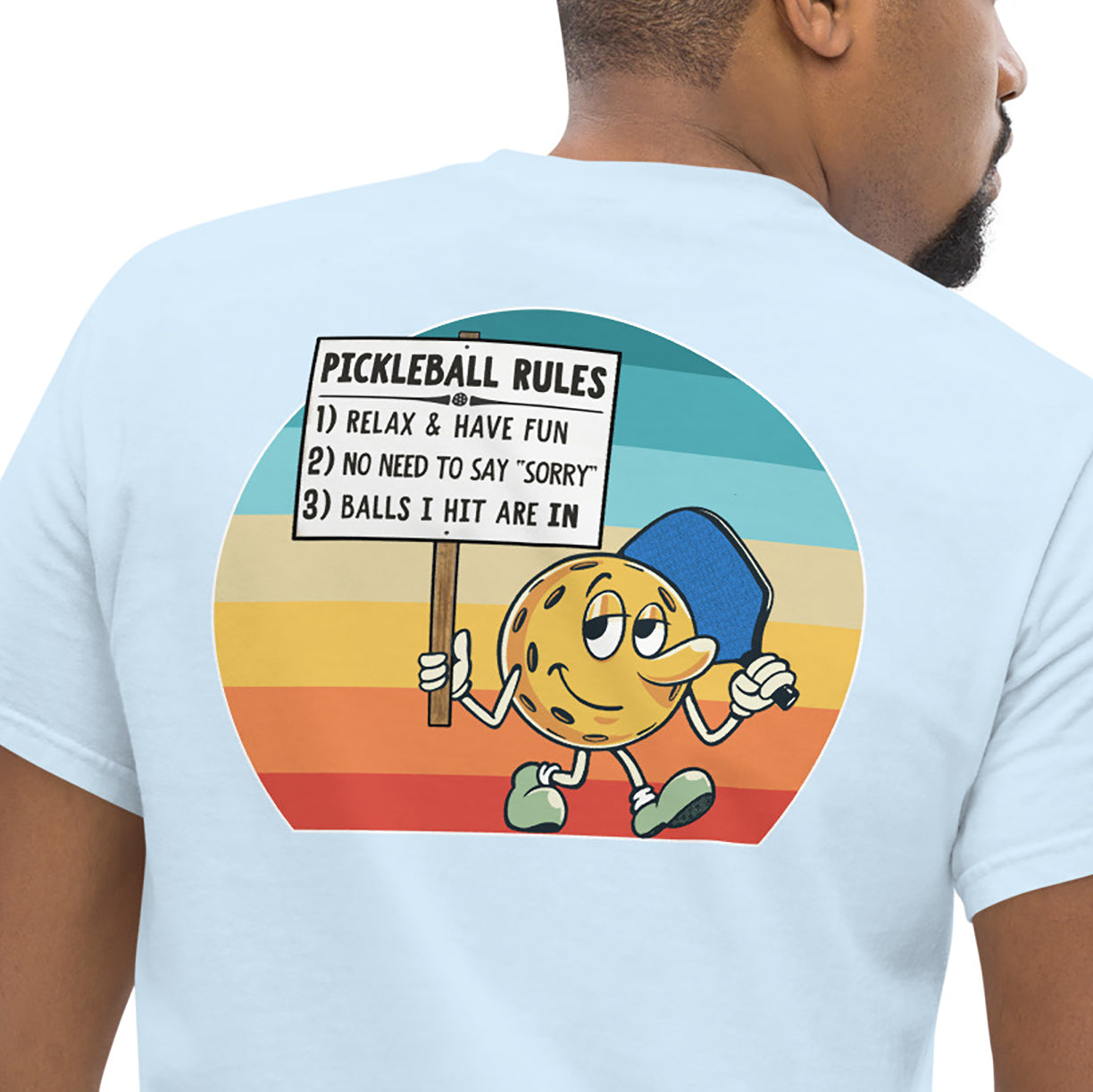 Closeup view of Pickleball Rules graphic on back of Light Blue Men's pickleball T-shirt