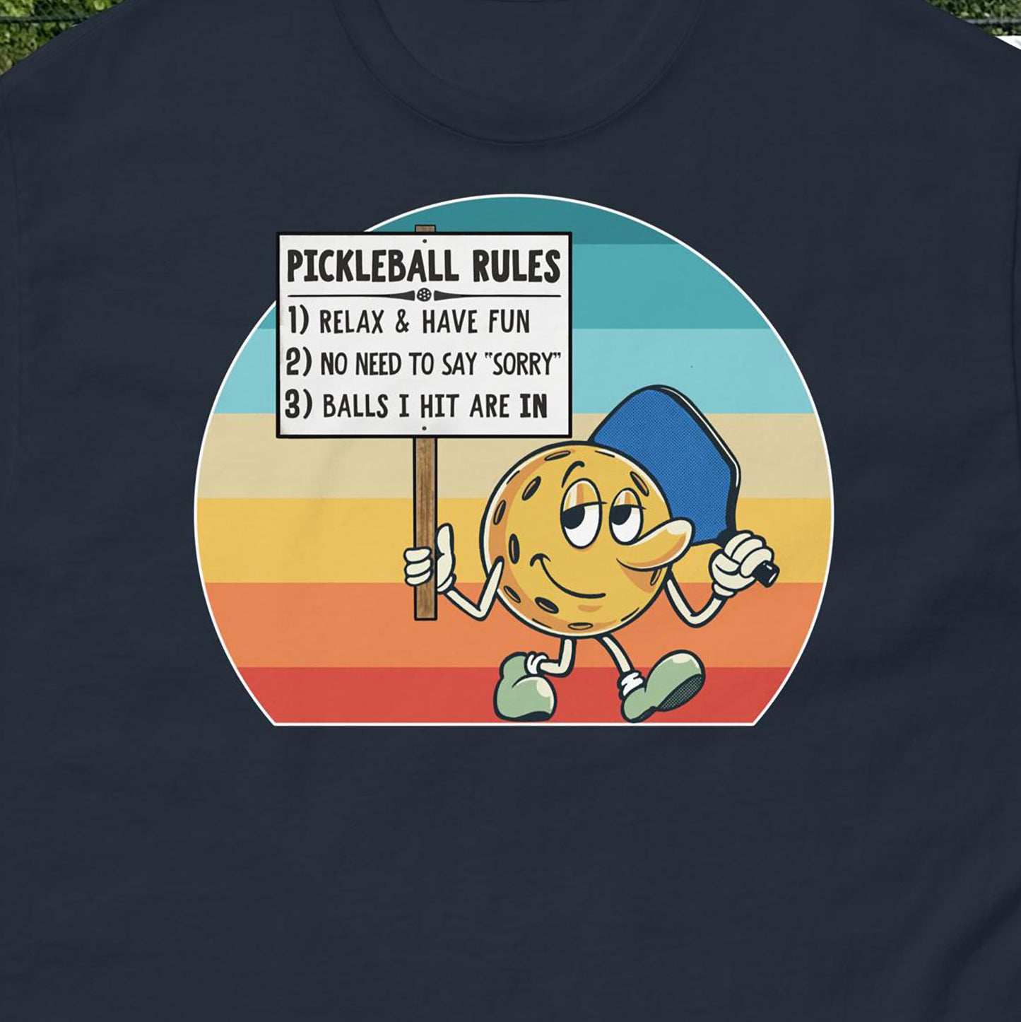 Closeup view of Pickleball Rules graphic, front of Navy Blue Men's pickleball t-shirt