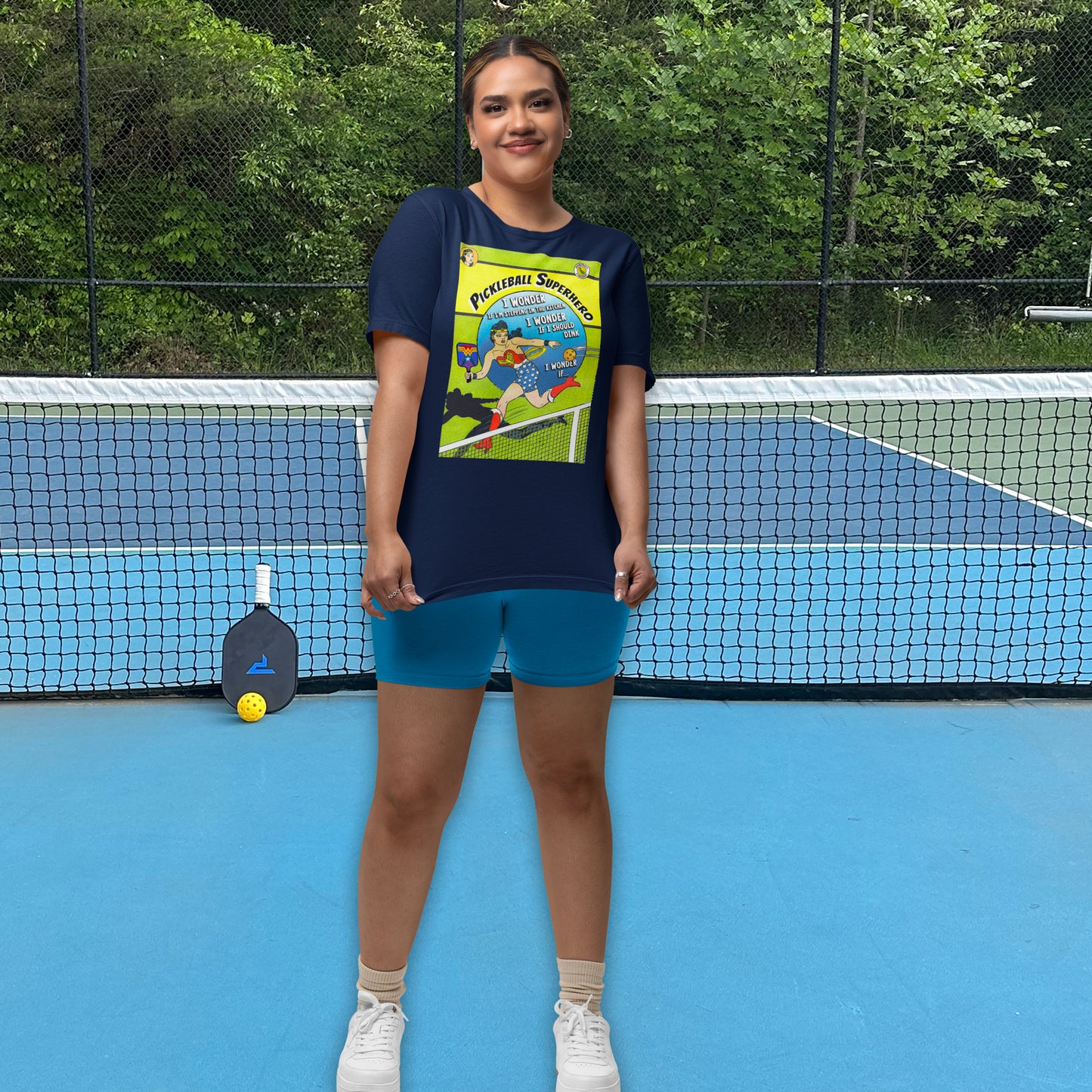 Woman wearing Pickleball Superhero Wonder Woman Pickleball T-shirt, Navy Blue, Graphic on Front