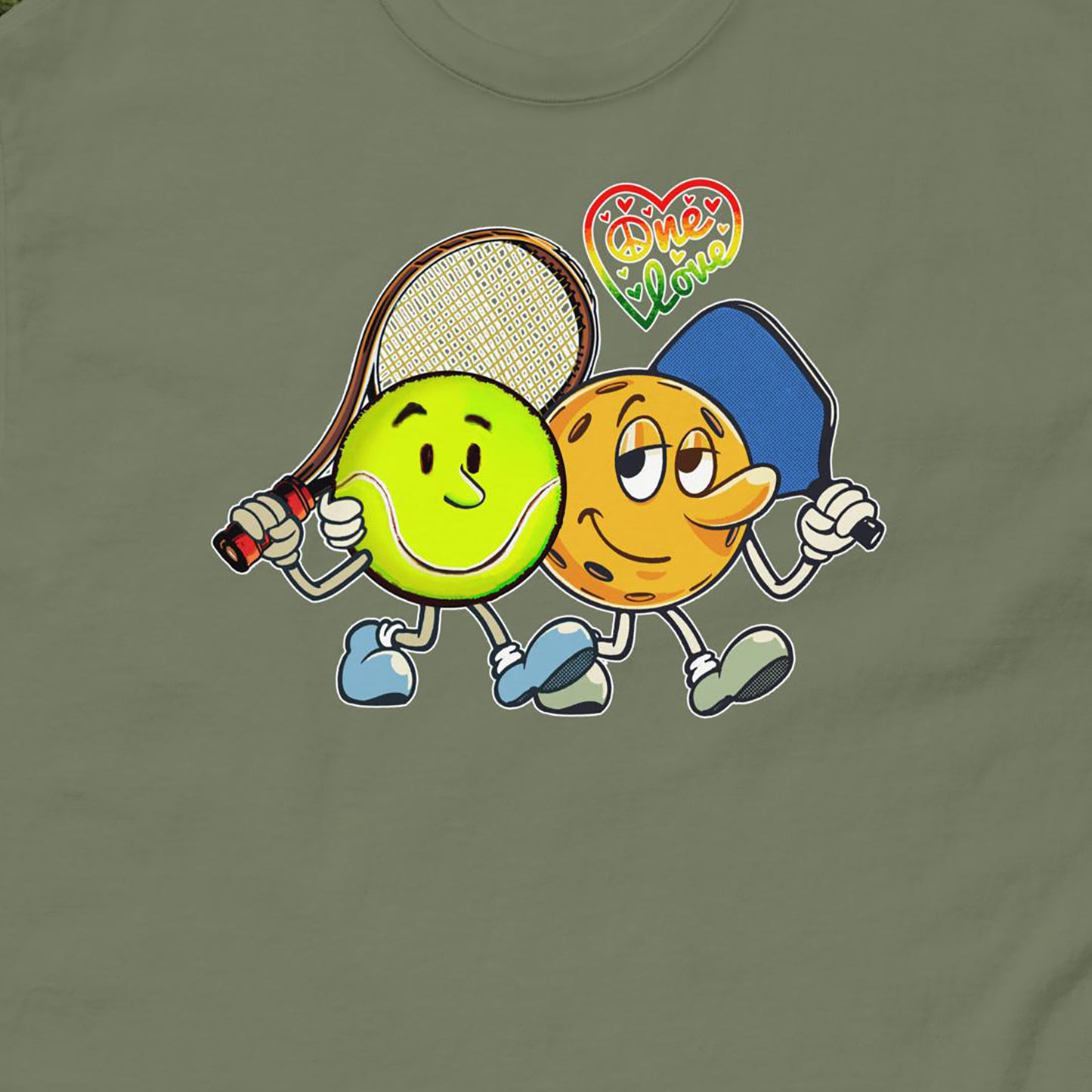 Closeup view of Pickleball and Tennis One Love graphic on front of Military Green Men's T-shirt