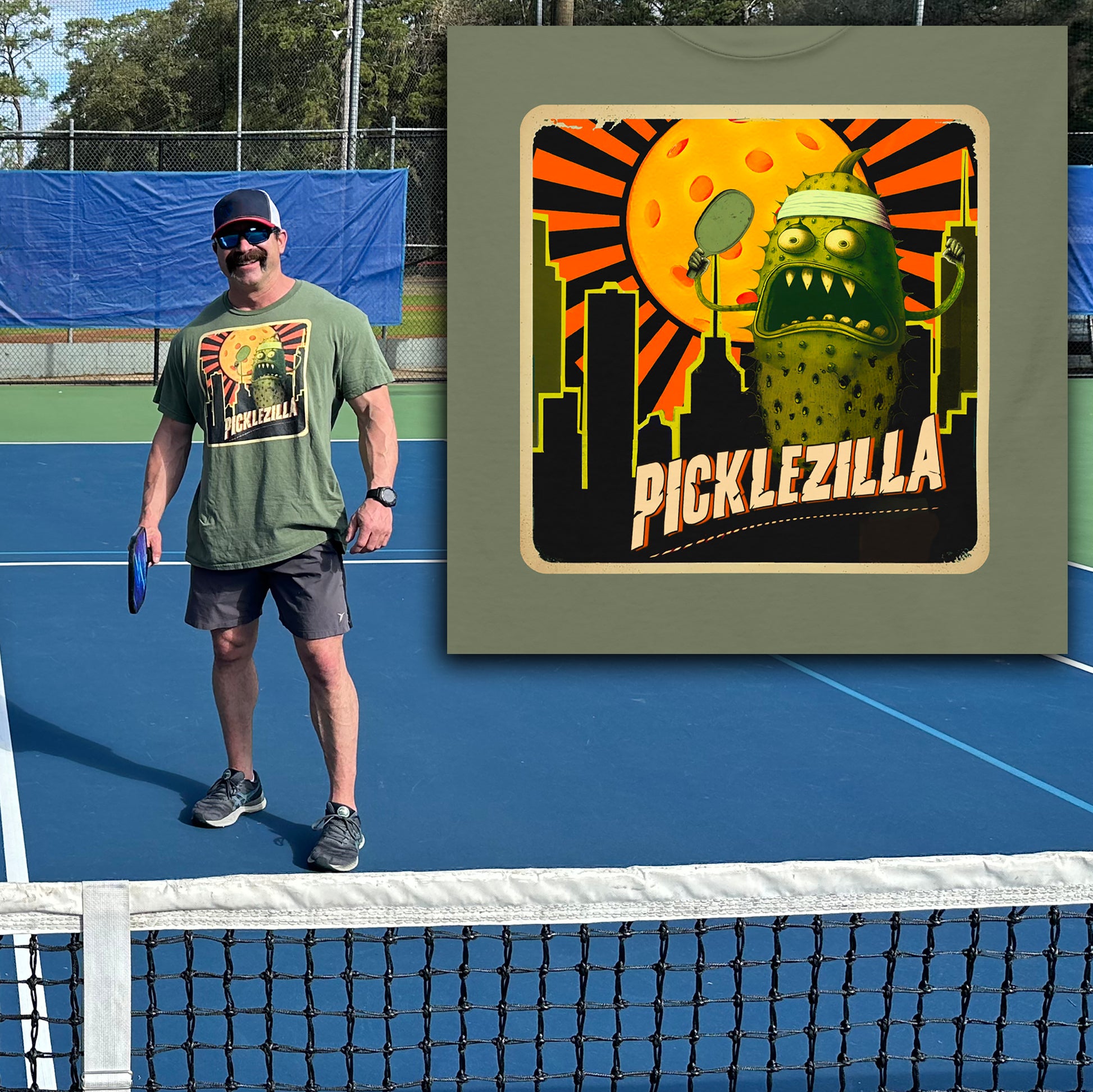 Picklezilla graphic on front of Military Green Men's t-shirt