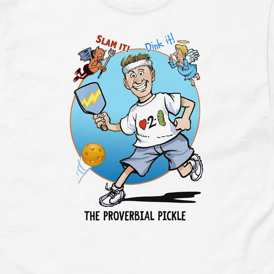 Closeup view of TheProverbialPickle graphic on front of Men's white t-shirt