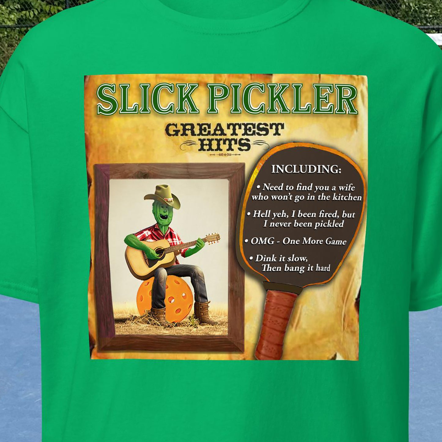 Closeup view of Slick Pickler graphic on front of Green men's pickleball t-shirt