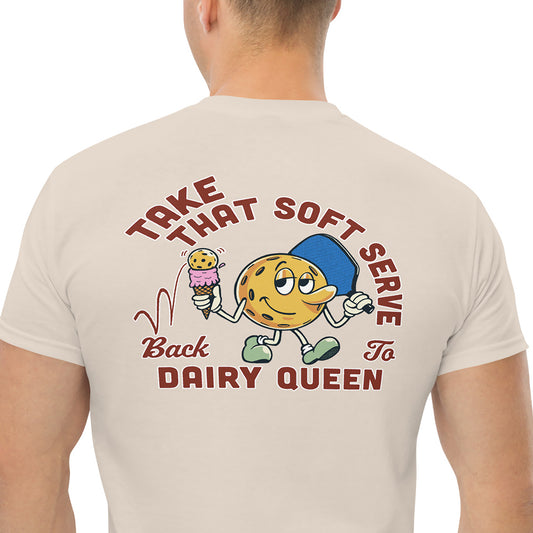 Closeup view of Soft Serve Dairy Queen graphic on back of Beige Men's pickleball t-shirt