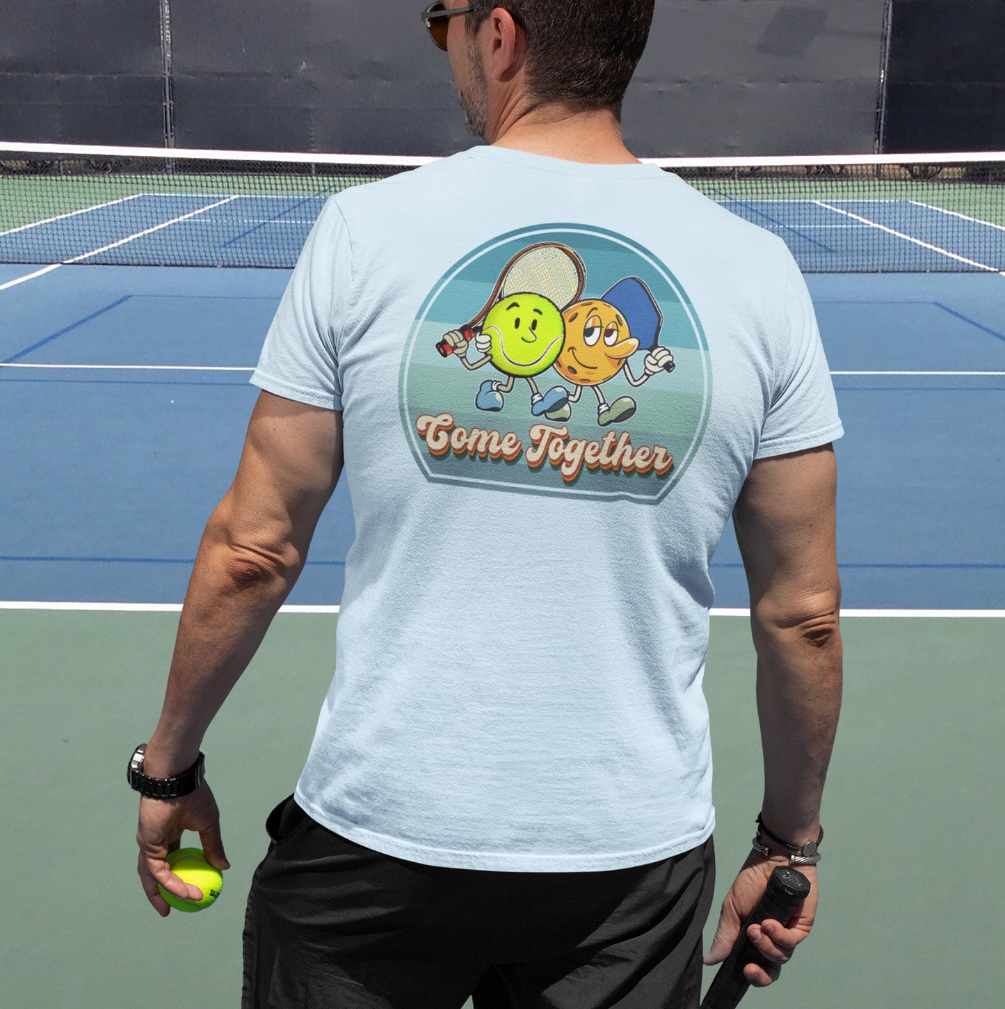 Light Blue Pickleball and Tennis T-shirt, Come Together, Graphic on Back, Men's Classic Cotton Tee