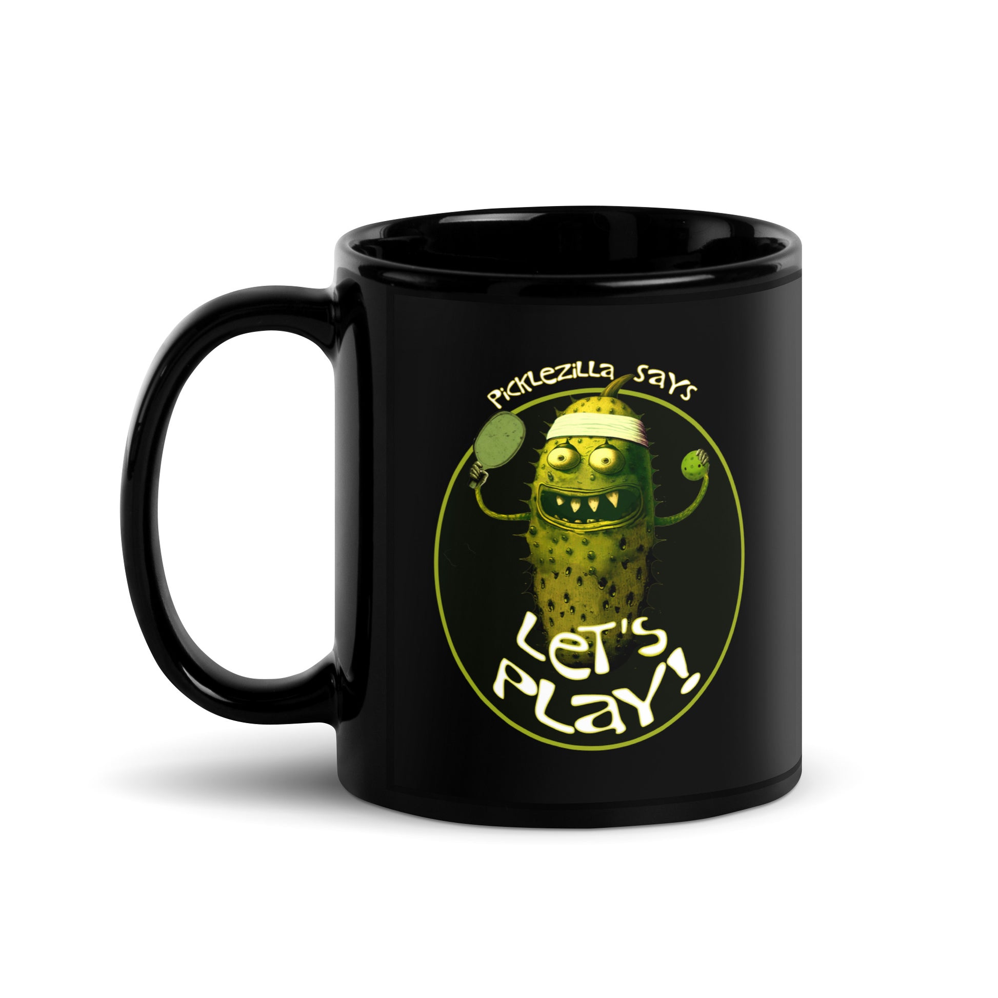 Fun Pickleball Mug, Picklezilla Says Let's Play, Black 11oz