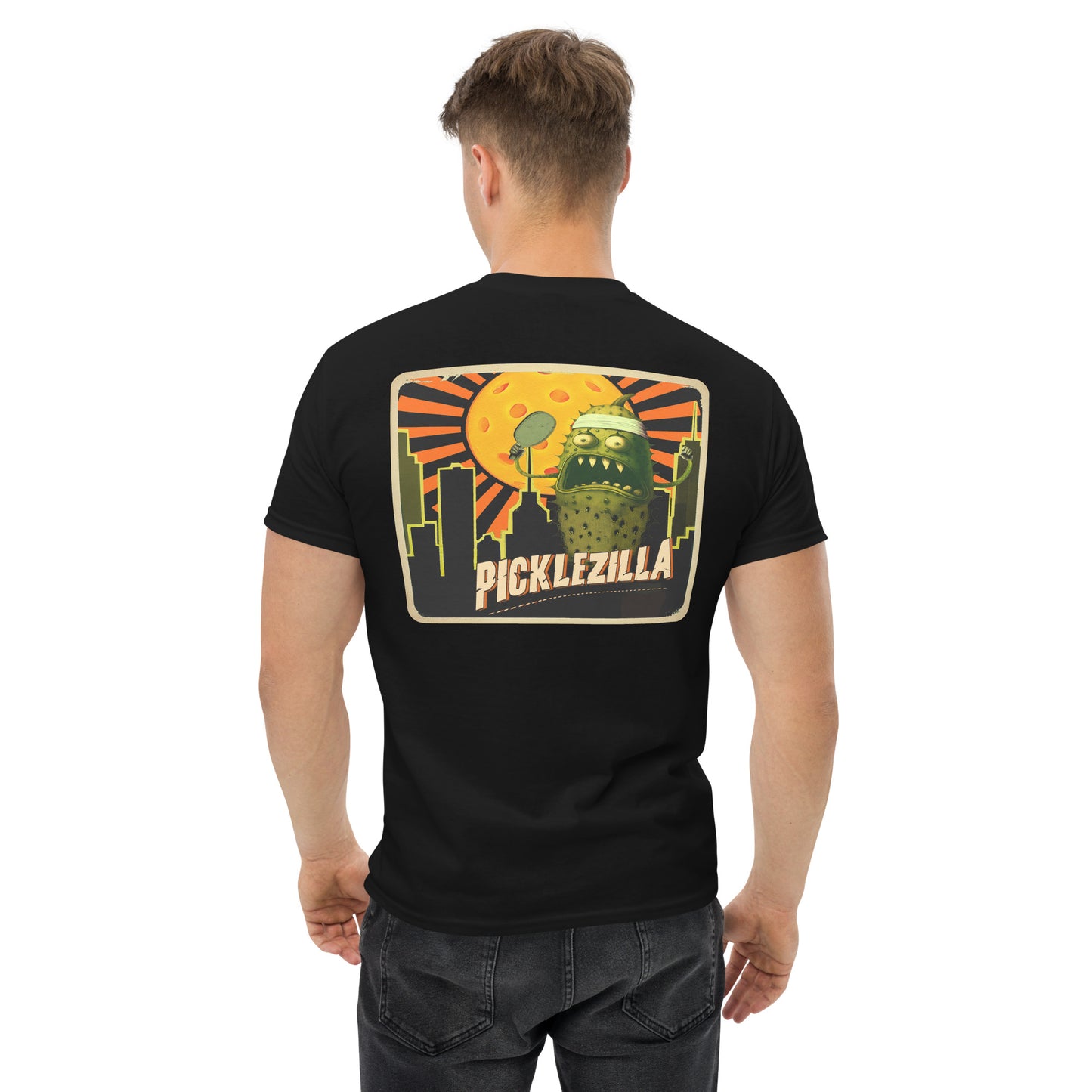 Black Pickleball T-Shirt, Picklezilla, Graphic on Back, Men's Classic Tee