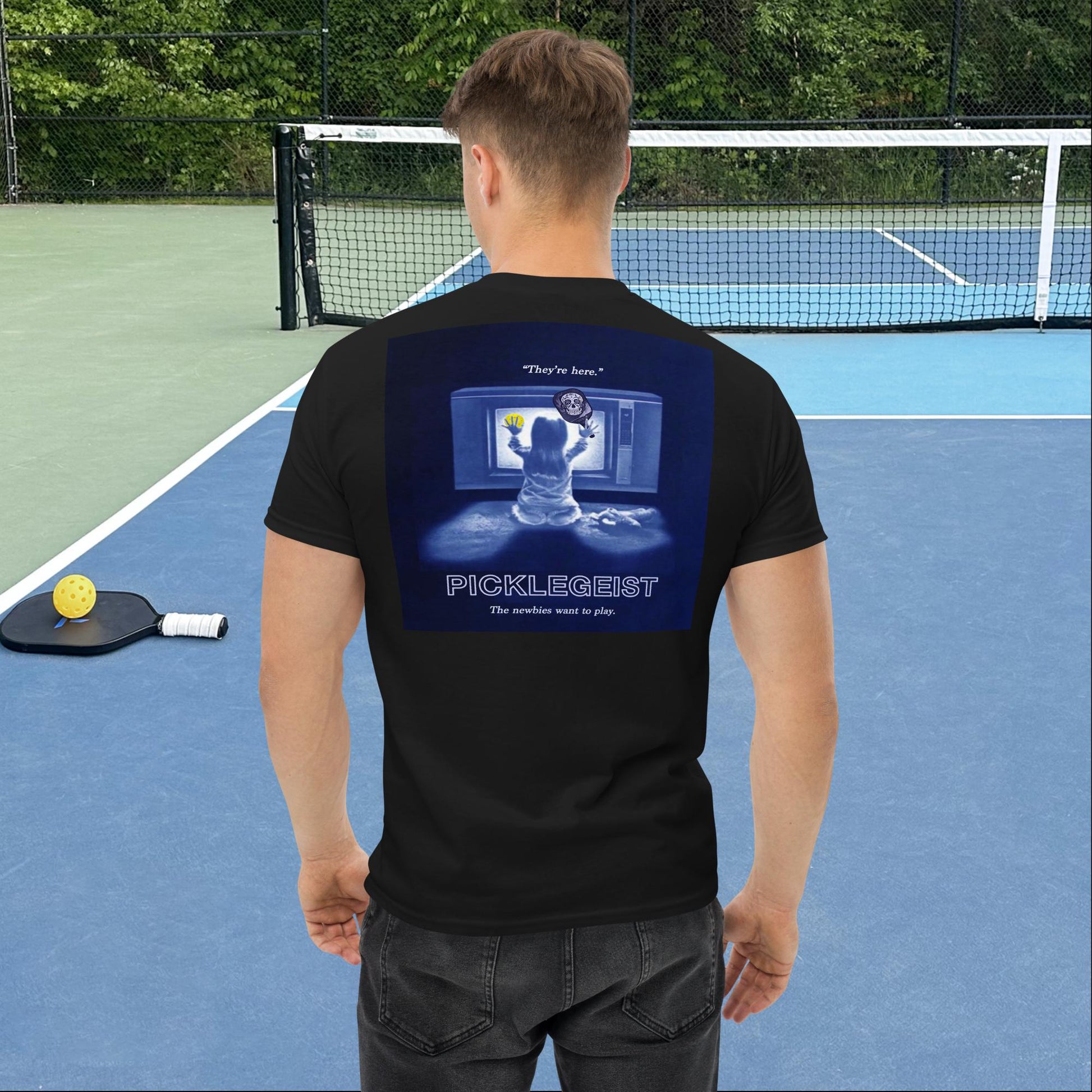 Black Short-sleeve Men's Pickleball Shirt, Picklegeist  graphic on back