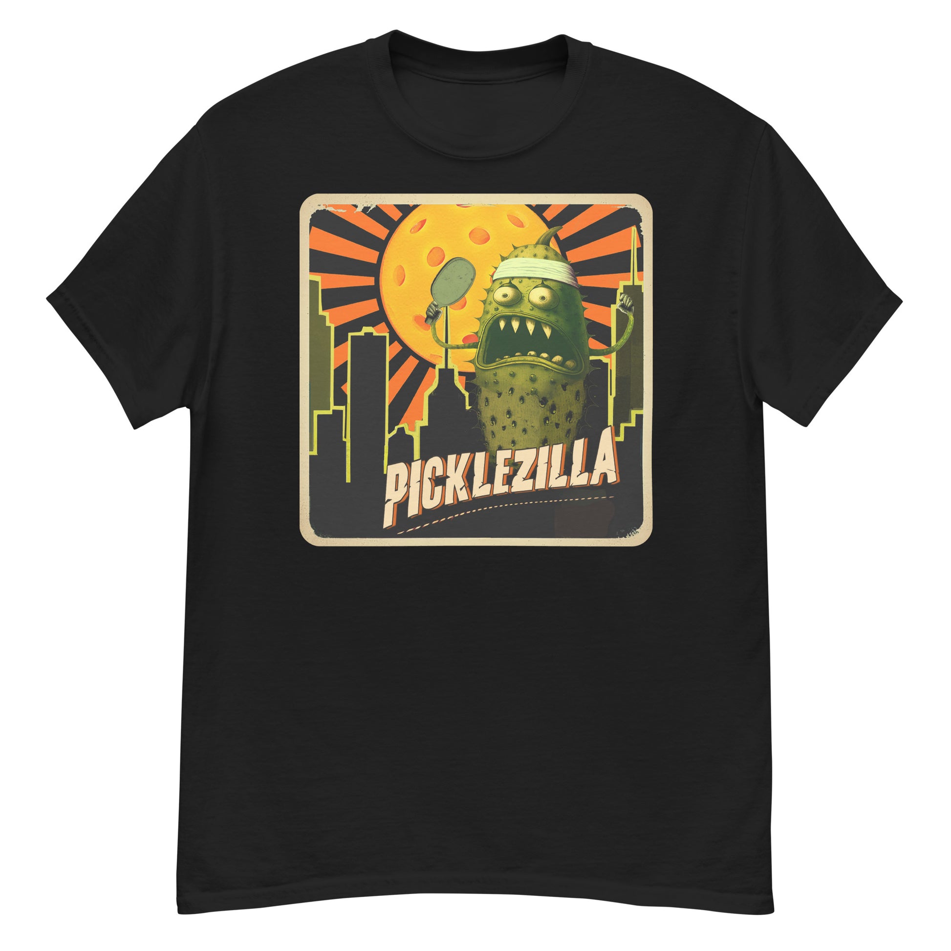 Black Mens Pickleball T-shirt Picklezilla Design Cotton